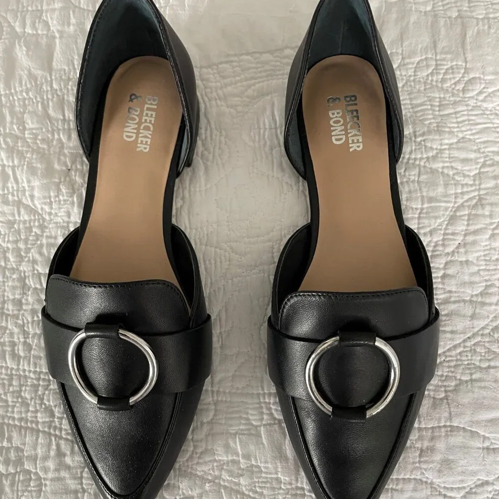 Bleecker & Bond ‘Gloria’ Pointed Toe Leather Flat Black S:6.5 RUNS LARGE